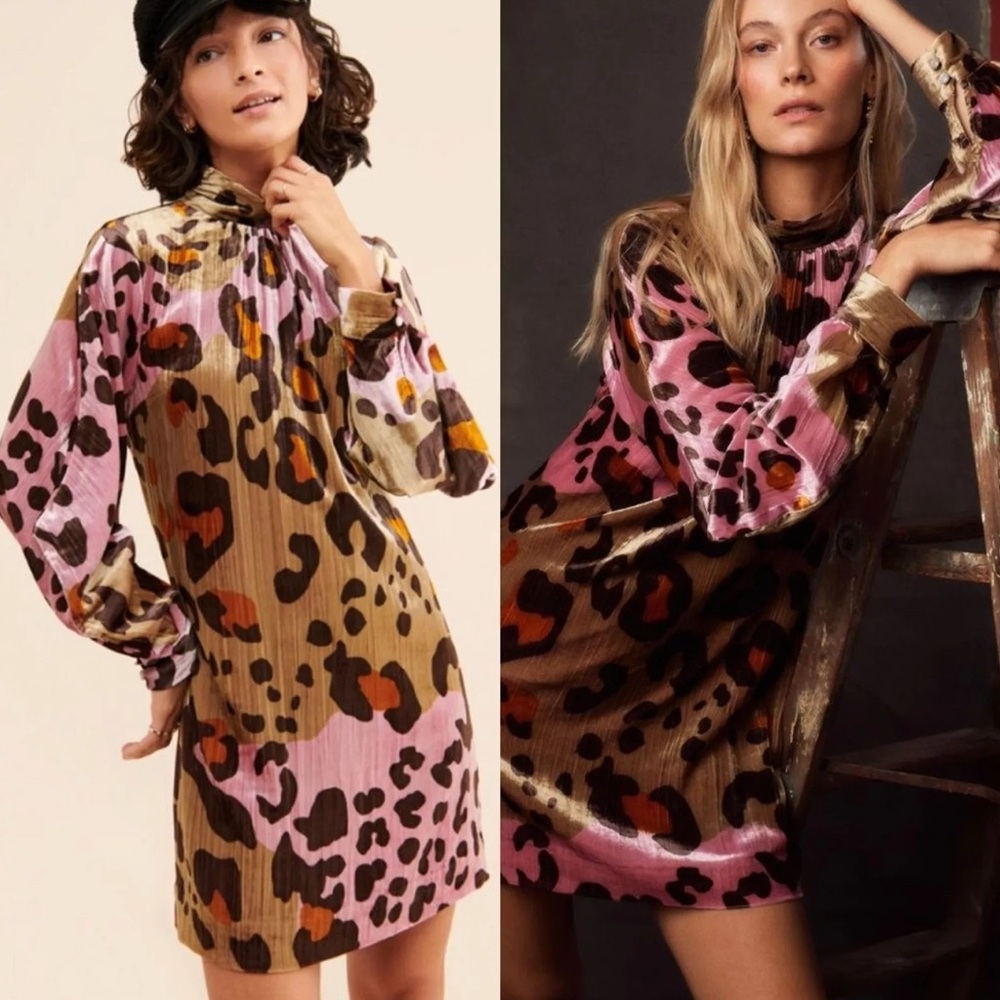 NWT Anthropologie Eleanor Layla Velvet Leopard Animal Print Tunic Dress S $168